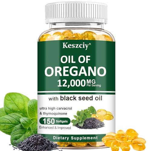 Keszciy 150 Softgels Öl aus Oregano mit Schwarzkümmelöl, 2-in-1 Oregano-Präparat für die Immunabwehr, mit hohem Gehalt an Carvacrol & Thymochinon, Non-GMO, 1 Packung