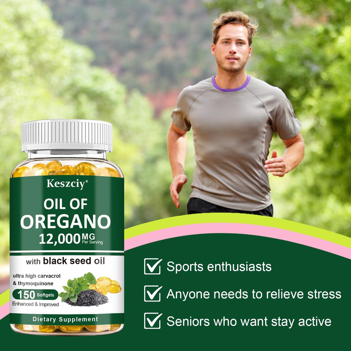 Keszciy 150 Softgels Öl aus Oregano mit Schwarzkümmelöl, 2-in-1 Oregano-Präparat für die Immunabwehr, mit hohem Gehalt an Carvacrol & Thymochinon, Non-GMO, 1 Packung
