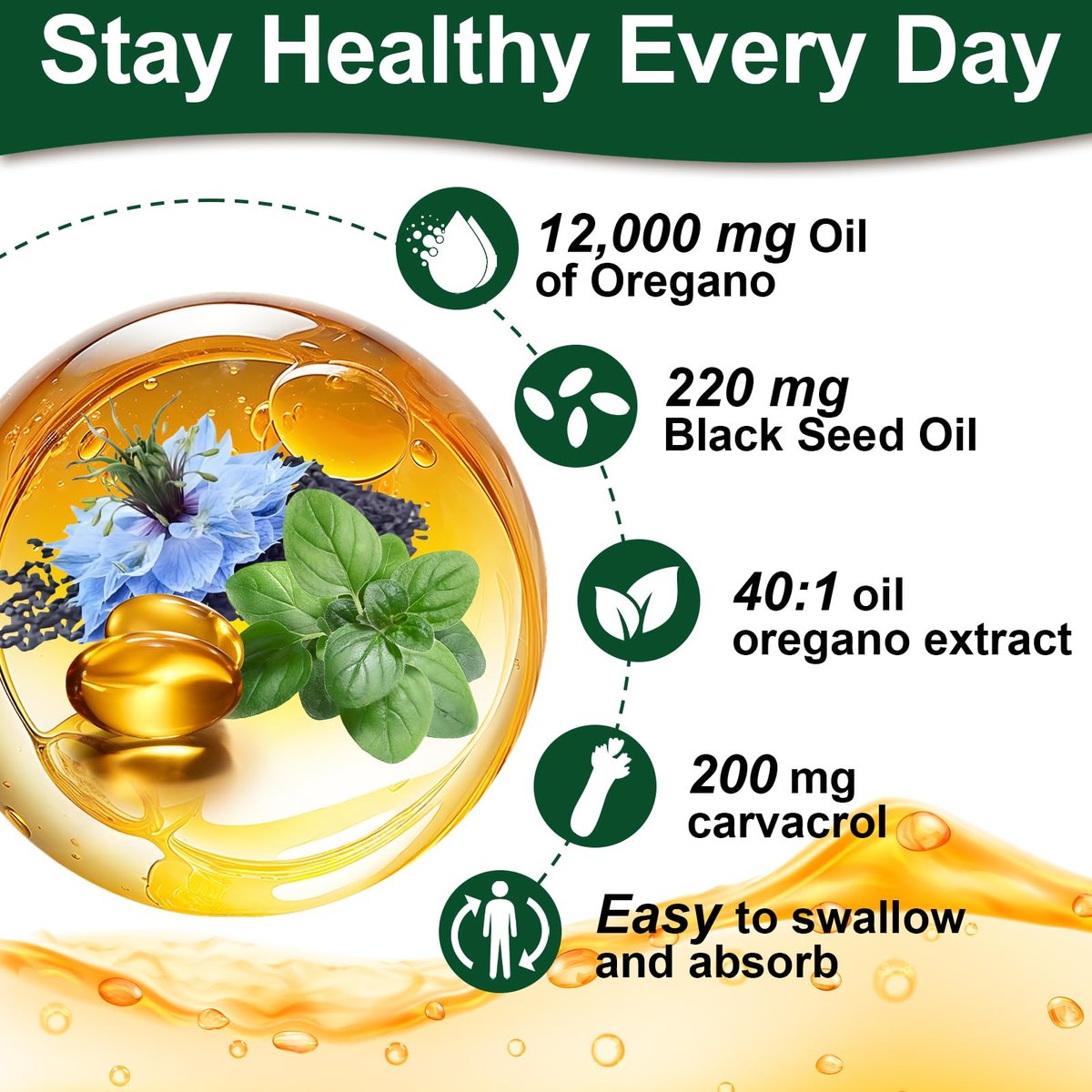 Keszciy 150 Softgels Öl aus Oregano mit Schwarzkümmelöl, 2-in-1 Oregano-Präparat für die Immunabwehr, mit hohem Gehalt an Carvacrol & Thymochinon, Non-GMO, 1 Packung