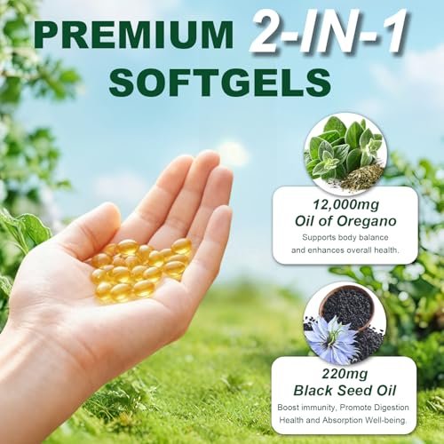 Keszciy 150 Softgels Öl aus Oregano mit Schwarzkümmelöl, 2-in-1 Oregano-Präparat für die Immunabwehr, mit hohem Gehalt an Carvacrol & Thymochinon, Non-GMO, 1 Packung