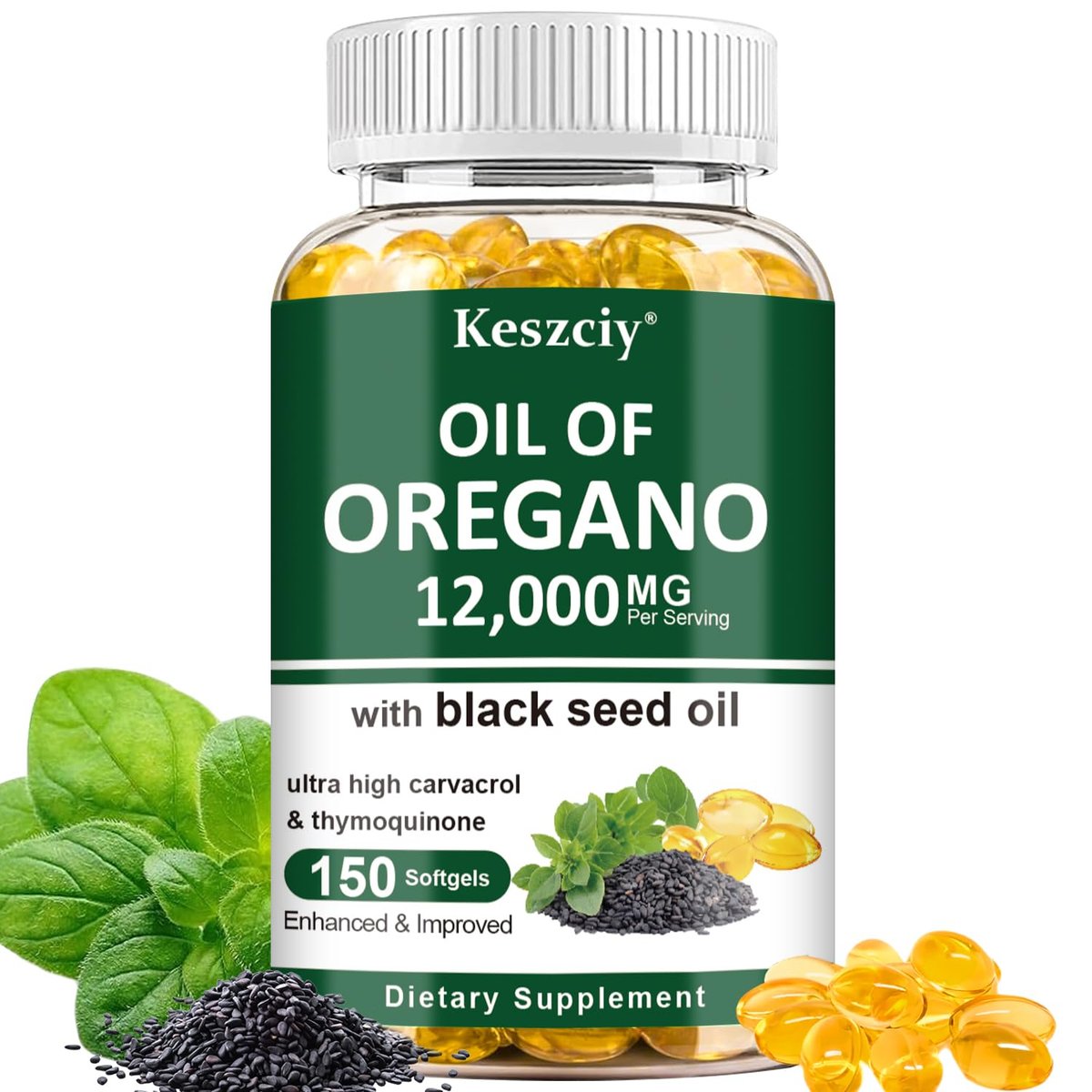 Keszciy 150 Softgels Öl aus Oregano mit Schwarzkümmelöl, 2-in-1 Oregano-Präparat für die Immunabwehr, mit hohem Gehalt an Carvacrol & Thymochinon, Non-GMO, 1 Packung