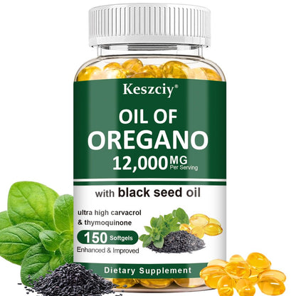 Keszciy 150 Softgels Öl aus Oregano mit Schwarzkümmelöl, 2-in-1 Oregano-Präparat für die Immunabwehr, mit hohem Gehalt an Carvacrol & Thymochinon, Non-GMO, 1 Packung