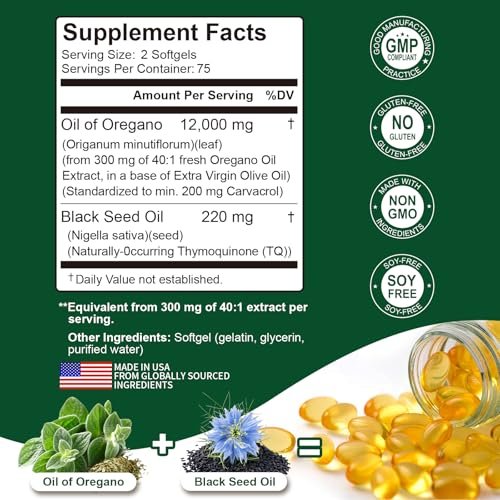 Keszciy 150 Softgels Öl aus Oregano mit Schwarzkümmelöl, 2-in-1 Oregano-Präparat für die Immunabwehr, mit hohem Gehalt an Carvacrol & Thymochinon, Non-GMO, 1 Packung
