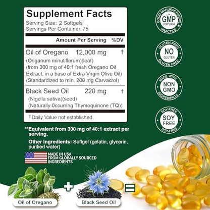 Keszciy 150 Softgels Öl aus Oregano mit Schwarzkümmelöl, 2-in-1 Oregano-Präparat für die Immunabwehr, mit hohem Gehalt an Carvacrol & Thymochinon, Non-GMO, 1 Packung