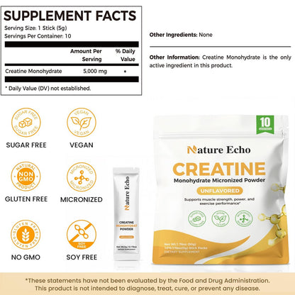Nature Echo Creatin-Monohydrat mikronisiertes Pulver – 10 Einzelportionen 5g – geschmacksneutral, vegan, glutenfrei, zuckerfrei für Muskelwachstum