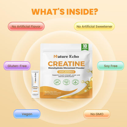 Nature Echo Creatin-Monohydrat mikronisiertes Pulver – 10 Einzelportionen 5g – geschmacksneutral, vegan, glutenfrei, zuckerfrei für Muskelwachstum