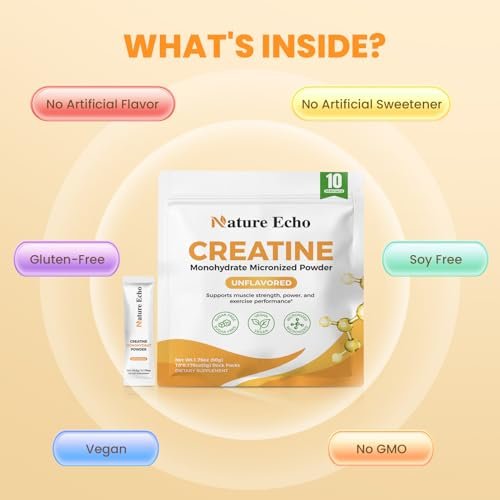 Nature Echo Creatin-Monohydrat mikronisiertes Pulver – 10 Einzelportionen 5g – geschmacksneutral, vegan, glutenfrei, zuckerfrei für Muskelwachstum