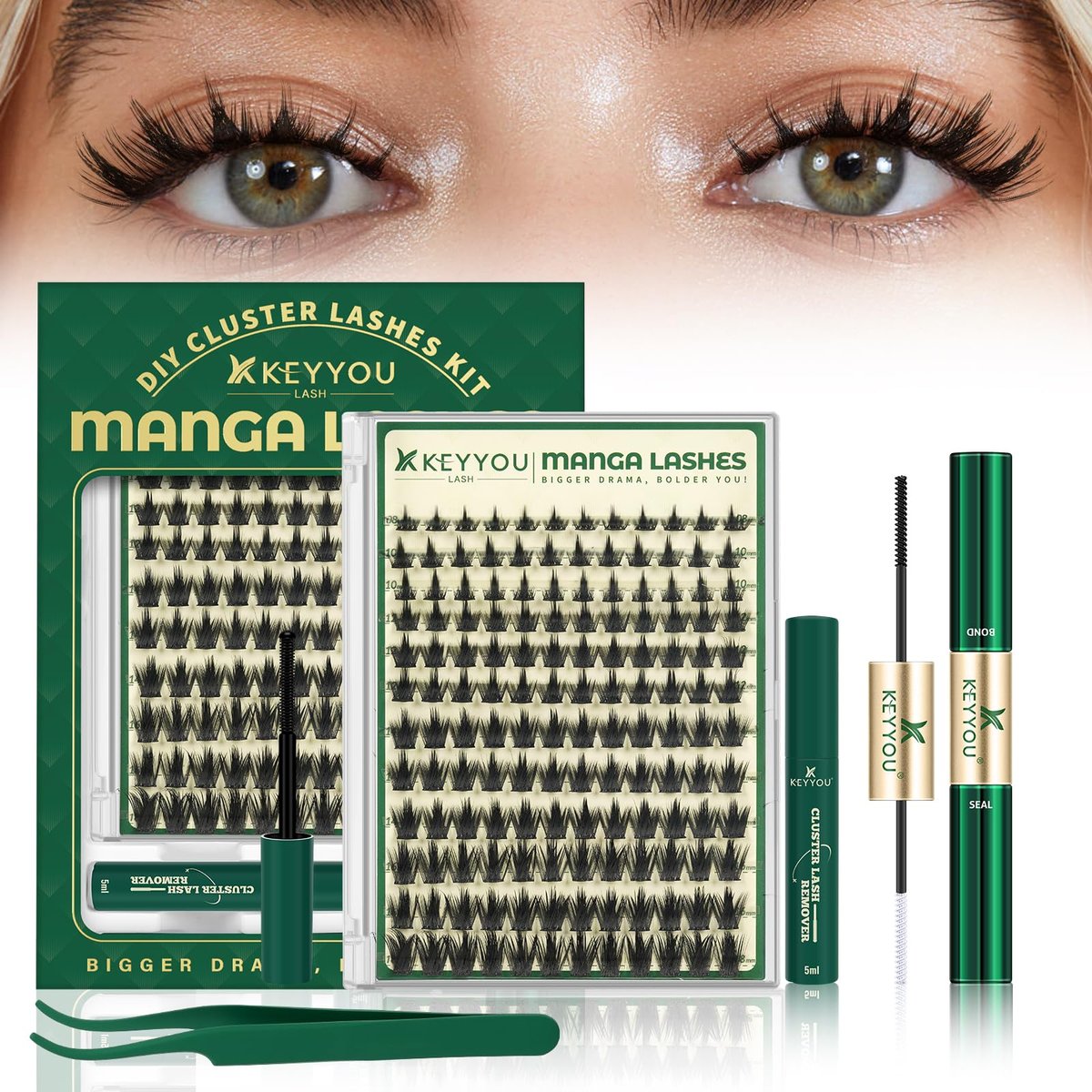 KEYYOU LASH California Sunset Manga Lash Clusters Kit 8-18mm – DIY Wimpernverlängerung Set mit Bond, Seal, Remover und Applikator (Upgraded MG01)