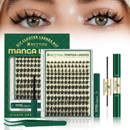 KEYYOU LASH California Sunset Manga Lash Clusters Kit 8-18mm – DIY Wimpernverlängerung Set mit Bond, Seal, Remover und Applikator (Upgraded MG01)