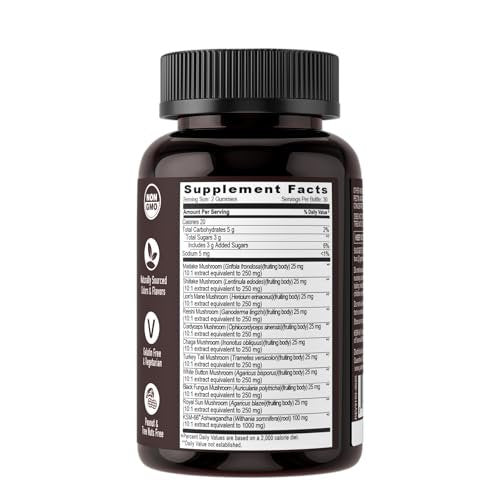 YUM-V'S Pilz-Gummis mit Ashwagandha – 350 mg 10-in-1 Pilzmischung – Löwenmähne, Cordyceps, Reishi, Chaga, Truthahnschwanz, Maitake, Shiitake – Gelatinefrei, vegetarisch – 60 Stück (2 pro Portion)