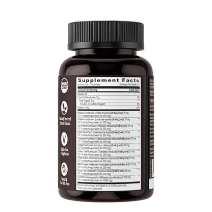 YUM-V'S Pilz-Gummis mit Ashwagandha – 350 mg 10-in-1 Pilzmischung – Löwenmähne, Cordyceps, Reishi, Chaga, Truthahnschwanz, Maitake, Shiitake – Gelatinefrei, vegetarisch – 60 Stück (2 pro Portion)