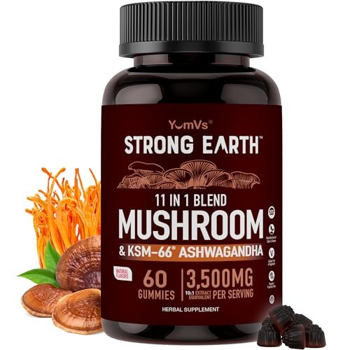 YUM-V'S Pilz-Gummis mit Ashwagandha – 350 mg 10-in-1 Pilzmischung – Löwenmähne, Cordyceps, Reishi, Chaga, Truthahnschwanz, Maitake, Shiitake – Gelatinefrei, vegetarisch – 60 Stück (2 pro Portion)
