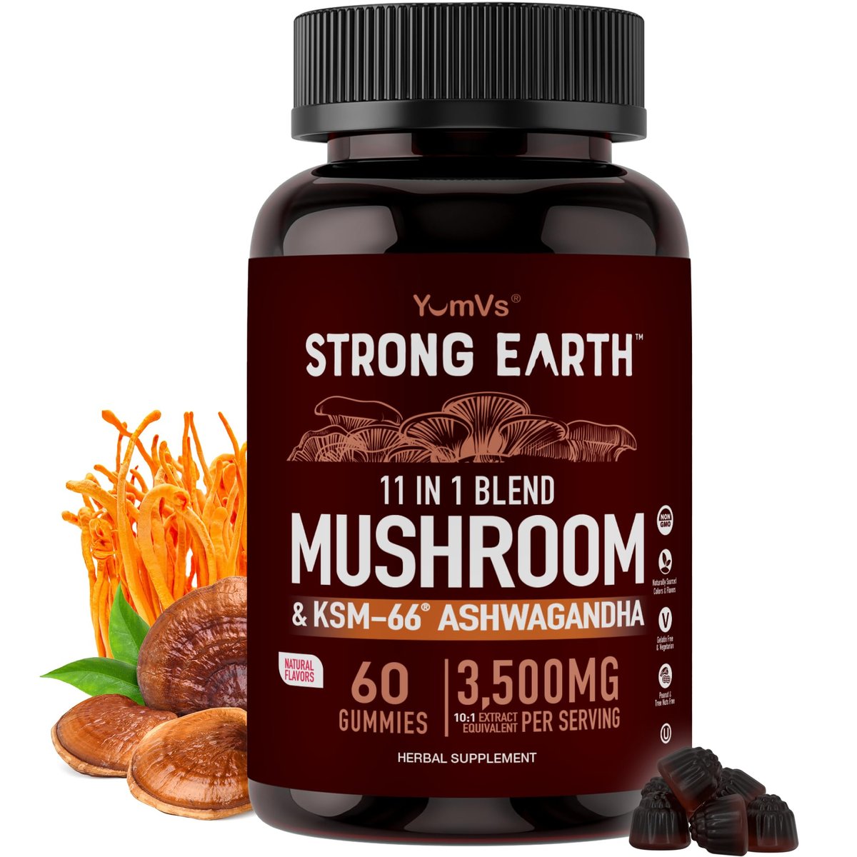 YUM-V'S Pilz-Gummis mit Ashwagandha – 350 mg 10-in-1 Pilzmischung – Löwenmähne, Cordyceps, Reishi, Chaga, Truthahnschwanz, Maitake, Shiitake – Gelatinefrei, vegetarisch – 60 Stück (2 pro Portion)