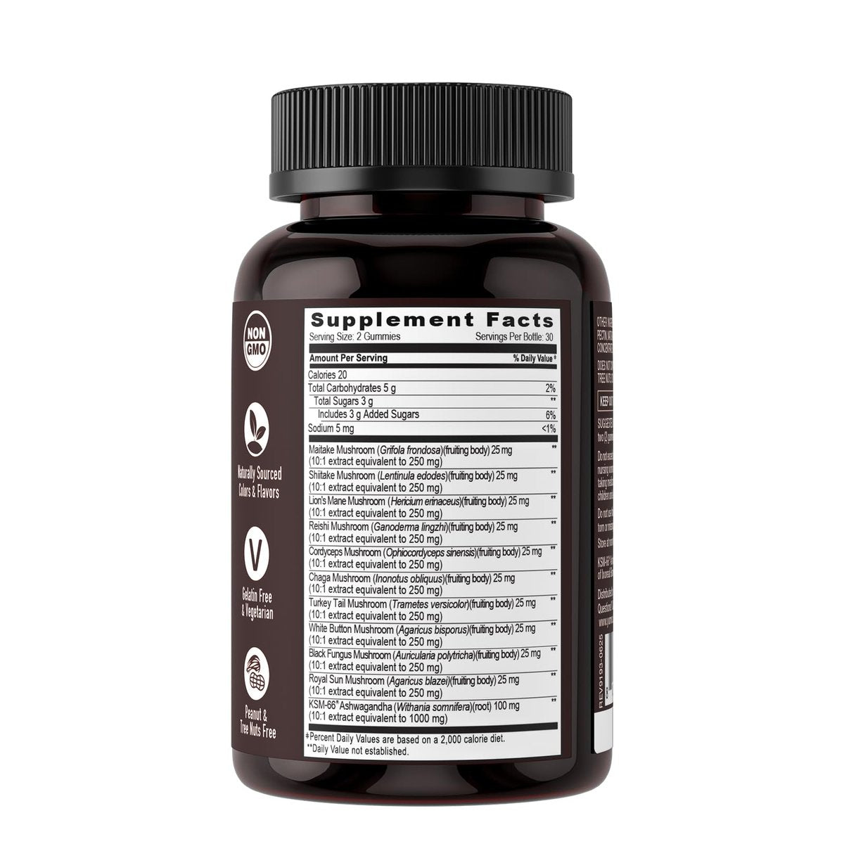 YUM-V'S Pilz-Gummis mit Ashwagandha – 350 mg 10-in-1 Pilzmischung – Löwenmähne, Cordyceps, Reishi, Chaga, Truthahnschwanz, Maitake, Shiitake – Gelatinefrei, vegetarisch – 60 Stück (2 pro Portion)