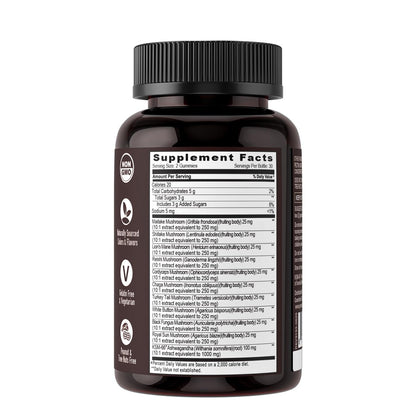 YUM-V'S Pilz-Gummis mit Ashwagandha – 350 mg 10-in-1 Pilzmischung – Löwenmähne, Cordyceps, Reishi, Chaga, Truthahnschwanz, Maitake, Shiitake – Gelatinefrei, vegetarisch – 60 Stück (2 pro Portion)