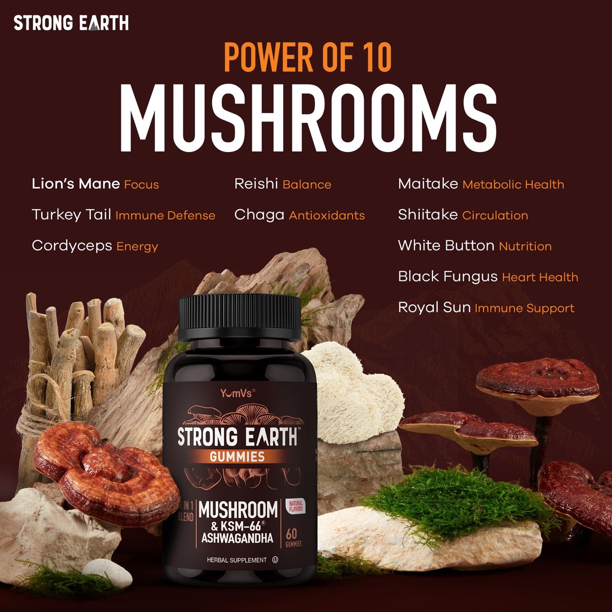 YUM-V'S Pilz-Gummis mit Ashwagandha – 350 mg 10-in-1 Pilzmischung – Löwenmähne, Cordyceps, Reishi, Chaga, Truthahnschwanz, Maitake, Shiitake – Gelatinefrei, vegetarisch – 60 Stück (2 pro Portion)