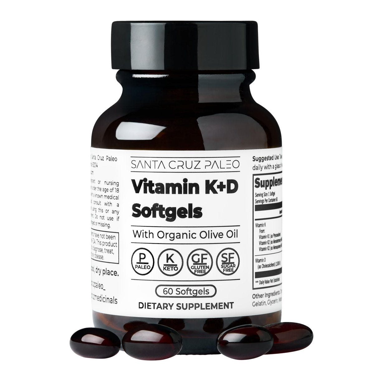 Santa Cruz Paleo Vitamin K2 + D3 Softgels – Tägliches Nahrungsergänzungsmittel mit Bio-Olivenöl, Vitamin K1 & zwei Formen von K2, unterstützt Herz- & Knochengesundheit, glutenfrei, zuckerfrei, paläo, keto, 60 Kapseln