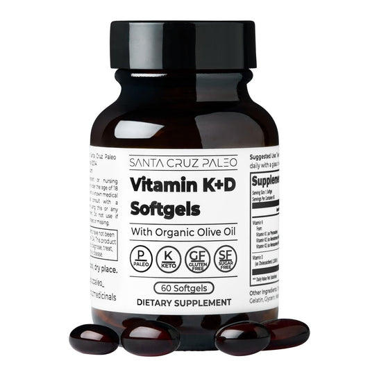 Santa Cruz Paleo Vitamin K2 + D3 Softgels – Tägliches Nahrungsergänzungsmittel mit Bio-Olivenöl, Vitamin K1 & zwei Formen von K2, unterstützt Herz- & Knochengesundheit, glutenfrei, zuckerfrei, paläo, keto, 60 Kapseln