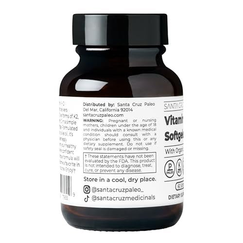 Santa Cruz Paleo Vitamin K2 + D3 Softgels – Tägliches Nahrungsergänzungsmittel mit Bio-Olivenöl, Vitamin K1 & zwei Formen von K2, unterstützt Herz- & Knochengesundheit, glutenfrei, zuckerfrei, paläo, keto, 60 Kapseln