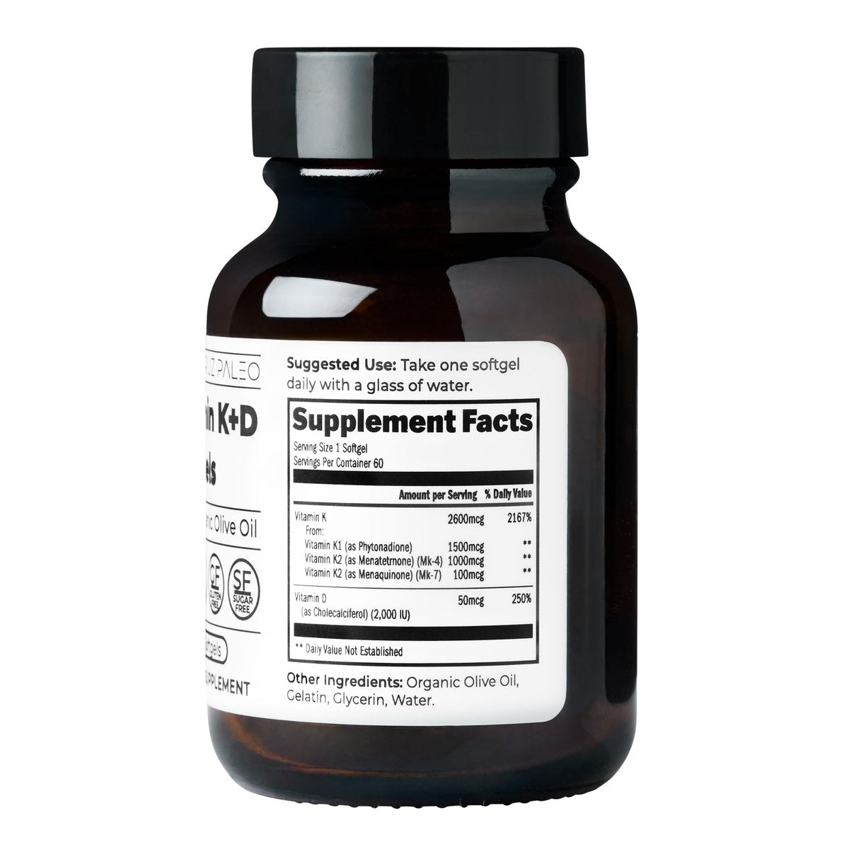 Santa Cruz Paleo Vitamin K2 + D3 Softgels – Tägliches Nahrungsergänzungsmittel mit Bio-Olivenöl, Vitamin K1 & zwei Formen von K2, unterstützt Herz- & Knochengesundheit, glutenfrei, zuckerfrei, paläo, keto, 60 Kapseln