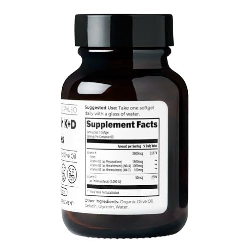 Santa Cruz Paleo Vitamin K2 + D3 Softgels – Tägliches Nahrungsergänzungsmittel mit Bio-Olivenöl, Vitamin K1 & zwei Formen von K2, unterstützt Herz- & Knochengesundheit, glutenfrei, zuckerfrei, paläo, keto, 60 Kapseln