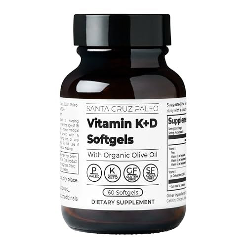Santa Cruz Paleo Vitamin K2 + D3 Softgels – Tägliches Nahrungsergänzungsmittel mit Bio-Olivenöl, Vitamin K1 & zwei Formen von K2, unterstützt Herz- & Knochengesundheit, glutenfrei, zuckerfrei, paläo, keto, 60 Kapseln