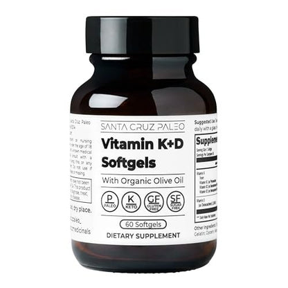 Santa Cruz Paleo Vitamin K2 + D3 Softgels – Tägliches Nahrungsergänzungsmittel mit Bio-Olivenöl, Vitamin K1 & zwei Formen von K2, unterstützt Herz- & Knochengesundheit, glutenfrei, zuckerfrei, paläo, keto, 60 Kapseln