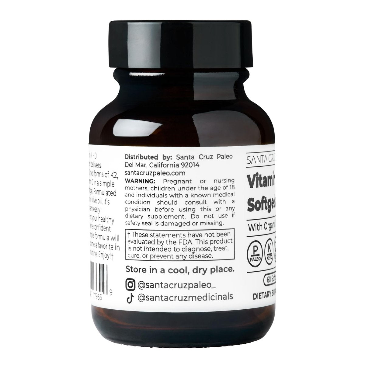 Santa Cruz Paleo Vitamin K2 + D3 Softgels – Tägliches Nahrungsergänzungsmittel mit Bio-Olivenöl, Vitamin K1 & zwei Formen von K2, unterstützt Herz- & Knochengesundheit, glutenfrei, zuckerfrei, paläo, keto, 60 Kapseln