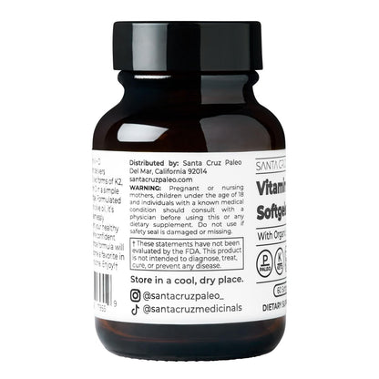 Santa Cruz Paleo Vitamin K2 + D3 Softgels – Tägliches Nahrungsergänzungsmittel mit Bio-Olivenöl, Vitamin K1 & zwei Formen von K2, unterstützt Herz- & Knochengesundheit, glutenfrei, zuckerfrei, paläo, keto, 60 Kapseln