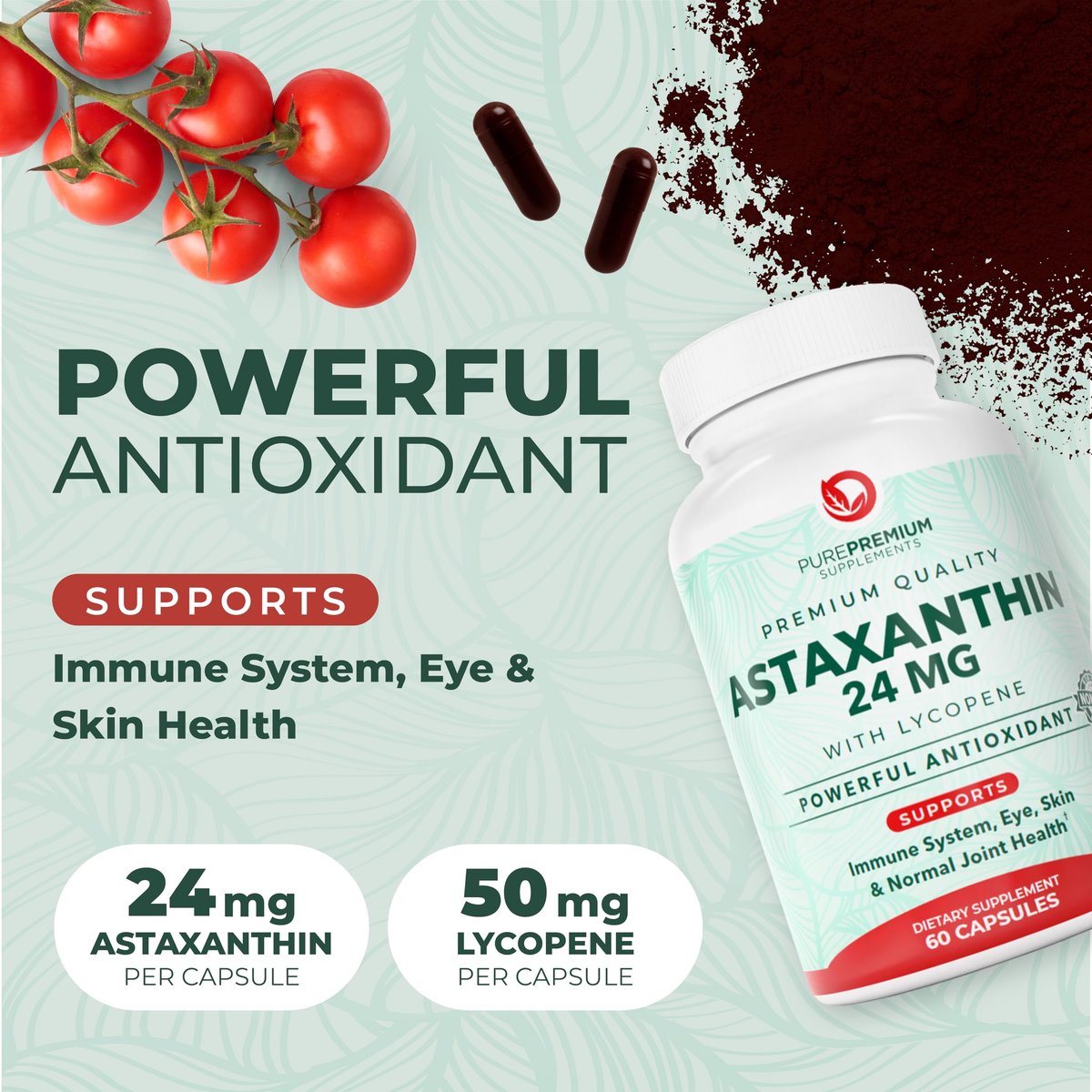 PurePremium Astaxanthin Kapseln 24 mg mit Lycopin 50 mg – Antioxidantien für Haut- und Augengesundheit & Immunsystem – 60 Kapseln, 2-Monatsvorrat