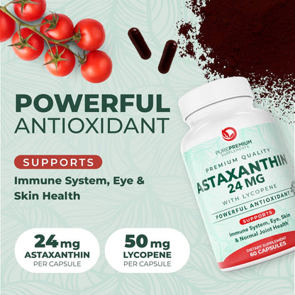 PurePremium Astaxanthin Kapseln 24 mg mit Lycopin 50 mg – Antioxidantien für Haut- und Augengesundheit & Immunsystem – 60 Kapseln, 2-Monatsvorrat