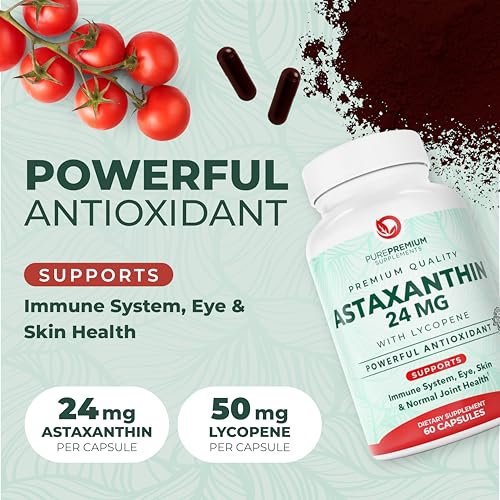 PurePremium Astaxanthin Kapseln 24 mg mit Lycopin 50 mg – Antioxidantien für Haut- und Augengesundheit & Immunsystem – 60 Kapseln, 2-Monatsvorrat