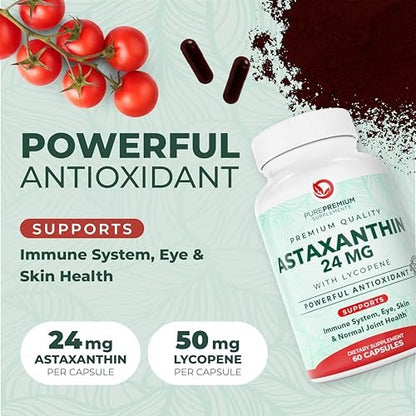 PurePremium Astaxanthin Kapseln 24 mg mit Lycopin 50 mg – Antioxidantien für Haut- und Augengesundheit & Immunsystem – 60 Kapseln, 2-Monatsvorrat