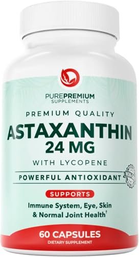 PurePremium Astaxanthin Kapseln 24 mg mit Lycopin 50 mg – Antioxidantien für Haut- und Augengesundheit & Immunsystem – 60 Kapseln, 2-Monatsvorrat