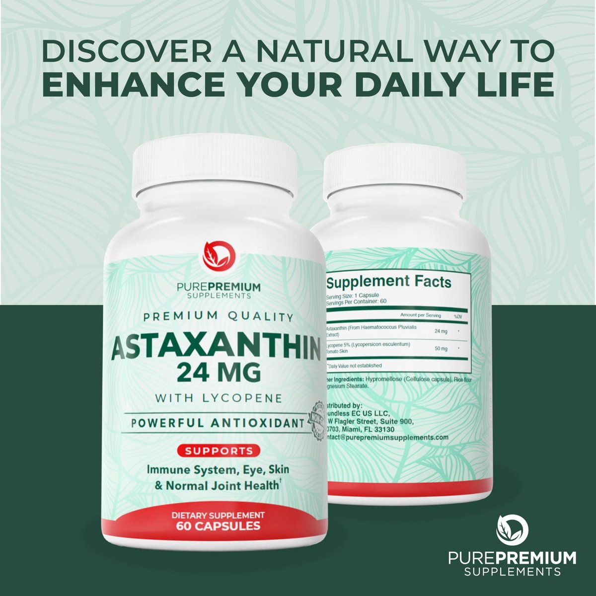 PurePremium Astaxanthin Kapseln 24 mg mit Lycopin 50 mg – Antioxidantien für Haut- und Augengesundheit & Immunsystem – 60 Kapseln, 2-Monatsvorrat