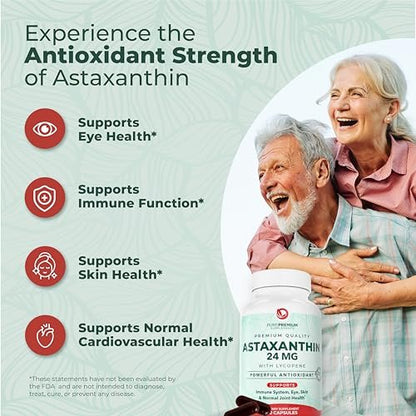 PurePremium Astaxanthin Kapseln 24 mg mit Lycopin 50 mg – Antioxidantien für Haut- und Augengesundheit & Immunsystem – 60 Kapseln, 2-Monatsvorrat