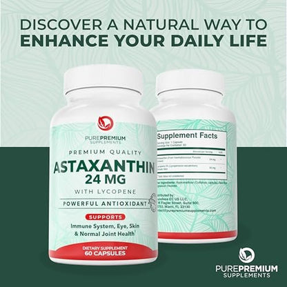 PurePremium Astaxanthin Kapseln 24 mg mit Lycopin 50 mg – Antioxidantien für Haut- und Augengesundheit & Immunsystem – 60 Kapseln, 2-Monatsvorrat