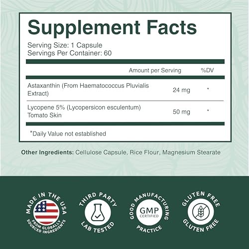 PurePremium Astaxanthin Kapseln 24 mg mit Lycopin 50 mg – Antioxidantien für Haut- und Augengesundheit & Immunsystem – 60 Kapseln, 2-Monatsvorrat