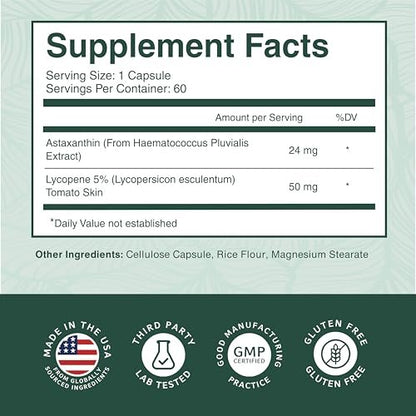 PurePremium Astaxanthin Kapseln 24 mg mit Lycopin 50 mg – Antioxidantien für Haut- und Augengesundheit & Immunsystem – 60 Kapseln, 2-Monatsvorrat