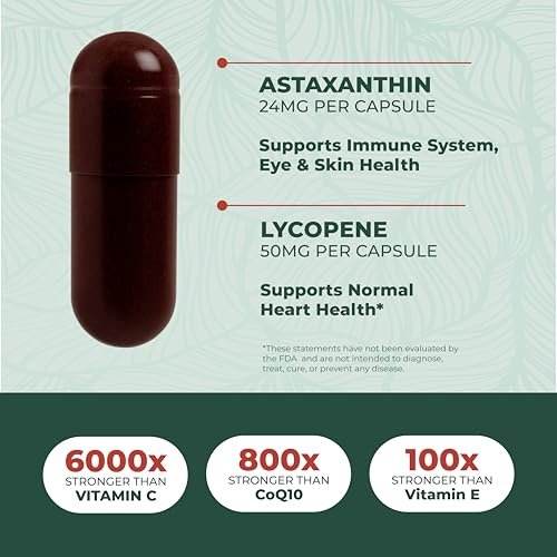 PurePremium Astaxanthin Kapseln 24 mg mit Lycopin 50 mg – Antioxidantien für Haut- und Augengesundheit & Immunsystem – 60 Kapseln, 2-Monatsvorrat