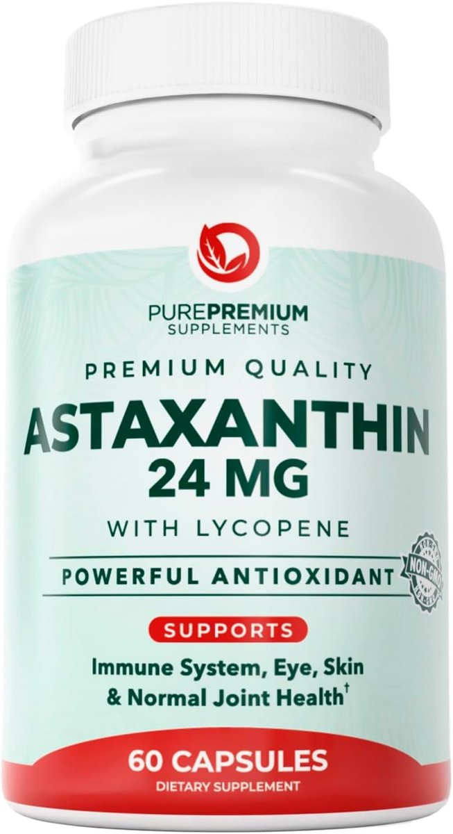PurePremium Astaxanthin Kapseln 24 mg mit Lycopin 50 mg – Antioxidantien für Haut- und Augengesundheit & Immunsystem – 60 Kapseln, 2-Monatsvorrat