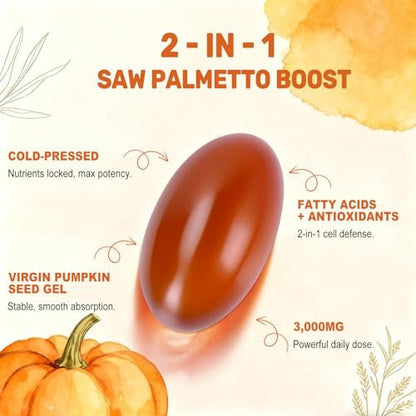 Kürbiskernöl mit Sägepalmenkapseln, 3000mg/Portion, 300 Softgels | Kaltgepresstes, reines natives Öl mit essentiellen Fettsäuren & Phytosterolen | Unterstützt Haar-, Harn-, Blasen- & Prostatagesundheit