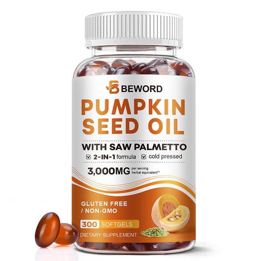 Kürbiskernöl mit Sägepalmenkapseln, 3000mg/Portion, 300 Softgels | Kaltgepresstes, reines natives Öl mit essentiellen Fettsäuren & Phytosterolen | Unterstützt Haar-, Harn-, Blasen- & Prostatagesundheit