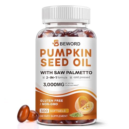 Kürbiskernöl mit Sägepalmenkapseln, 3000mg/Portion, 300 Softgels | Kaltgepresstes, reines natives Öl mit essentiellen Fettsäuren & Phytosterolen | Unterstützt Haar-, Harn-, Blasen- & Prostatagesundheit
