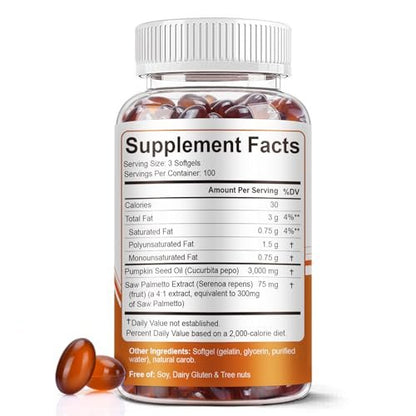 Kürbiskernöl mit Sägepalmenkapseln, 3000mg/Portion, 300 Softgels | Kaltgepresstes, reines natives Öl mit essentiellen Fettsäuren & Phytosterolen | Unterstützt Haar-, Harn-, Blasen- & Prostatagesundheit