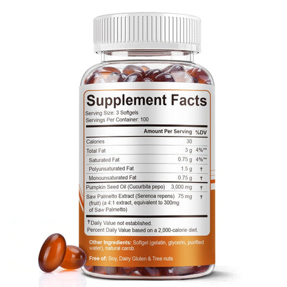 Kürbiskernöl mit Sägepalmenkapseln, 3000mg/Portion, 300 Softgels | Kaltgepresstes, reines natives Öl mit essentiellen Fettsäuren & Phytosterolen | Unterstützt Haar-, Harn-, Blasen- & Prostatagesundheit