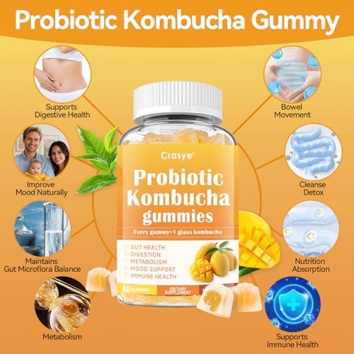 Crasye Probiotische Kombucha Gummies Zuckerfrei Präbiotisch Postbiotisch Probiotika Gummies mit Ulmenrinde für Frauen und Männer Blähungen Darmgesundheit Immun- und Verdauungsunterstützung - 60 Gummis - 30 Portionen