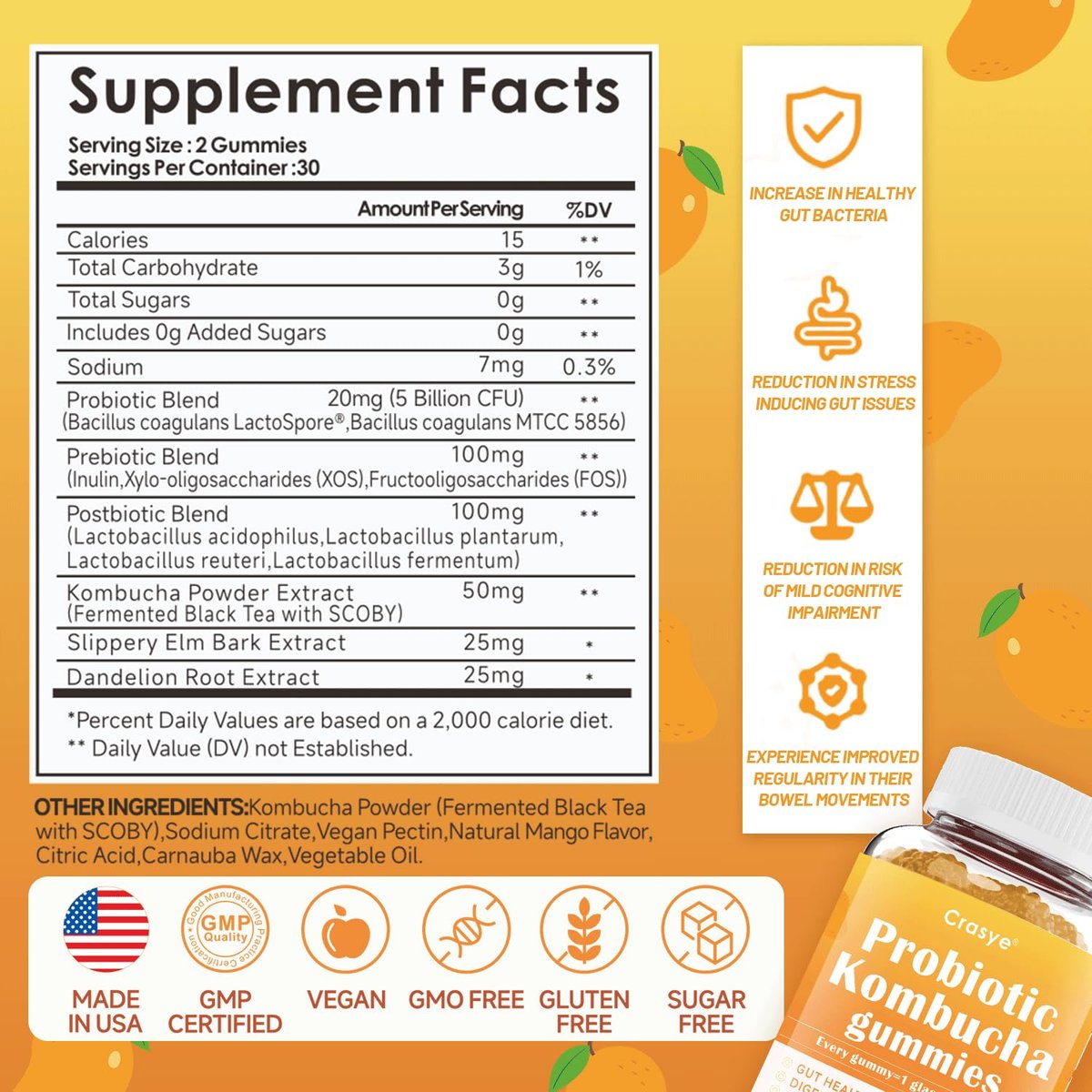 Crasye Probiotische Kombucha Gummies Zuckerfrei Präbiotisch Postbiotisch Probiotika Gummies mit Ulmenrinde für Frauen und Männer Blähungen Darmgesundheit Immun- und Verdauungsunterstützung - 60 Gummis - 30 Portionen