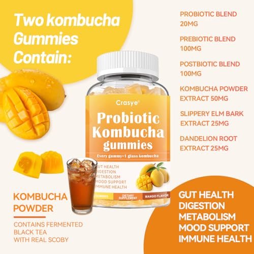 Crasye Probiotische Kombucha Gummies Zuckerfrei Präbiotisch Postbiotisch Probiotika Gummies mit Ulmenrinde für Frauen und Männer Blähungen Darmgesundheit Immun- und Verdauungsunterstützung - 60 Gummis - 30 Portionen