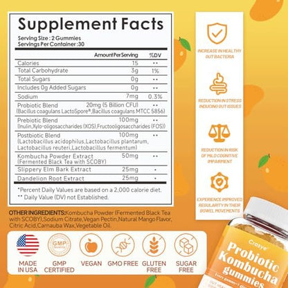 Crasye Probiotische Kombucha Gummies Zuckerfrei Präbiotisch Postbiotisch Probiotika Gummies mit Ulmenrinde für Frauen und Männer Blähungen Darmgesundheit Immun- und Verdauungsunterstützung - 60 Gummis - 30 Portionen
